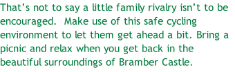 That’s not to say a little family rivalry isn’t to be encouraged.  Make use of this safe cycling environment to let them get ahead a bit. Bring a picnic and relax when you get back in the beautiful surroundings of Bramber Castle.